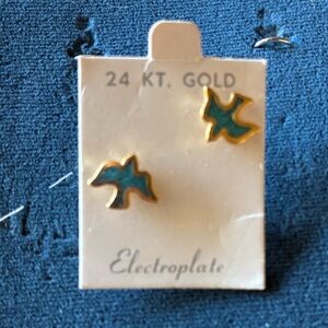 Gold Tone Bird Stud Earrings with Teal Enamel